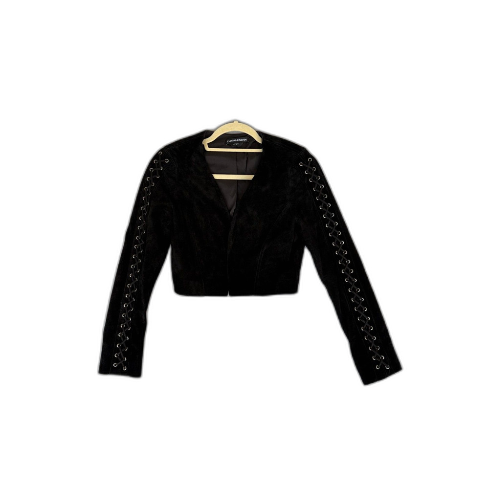 Bebe x Navan Genuine Black Suede Cropped Jacket with Lace-up 4